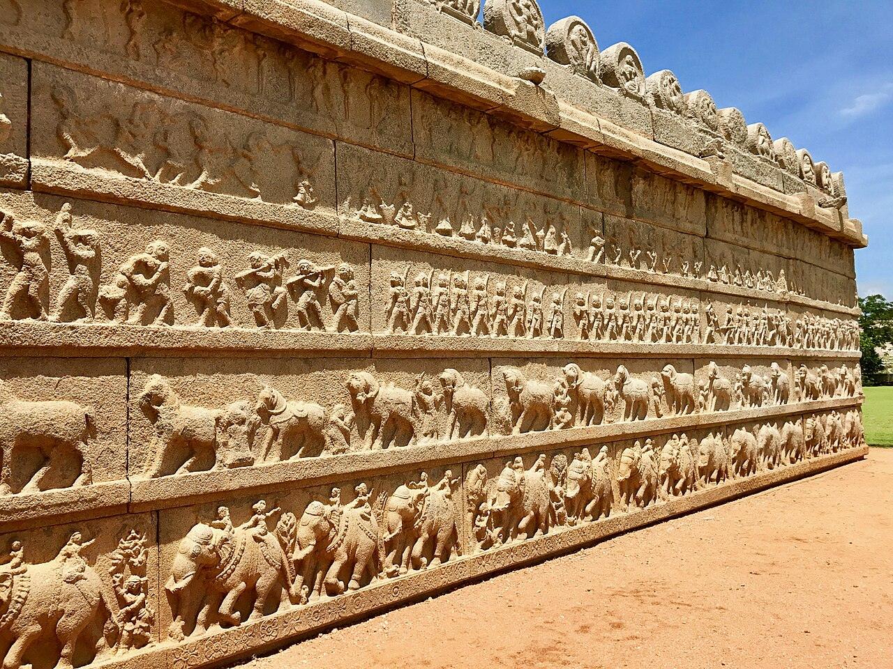 Rows of elephants carved on the Hazara Rama temple wall, Hampi.