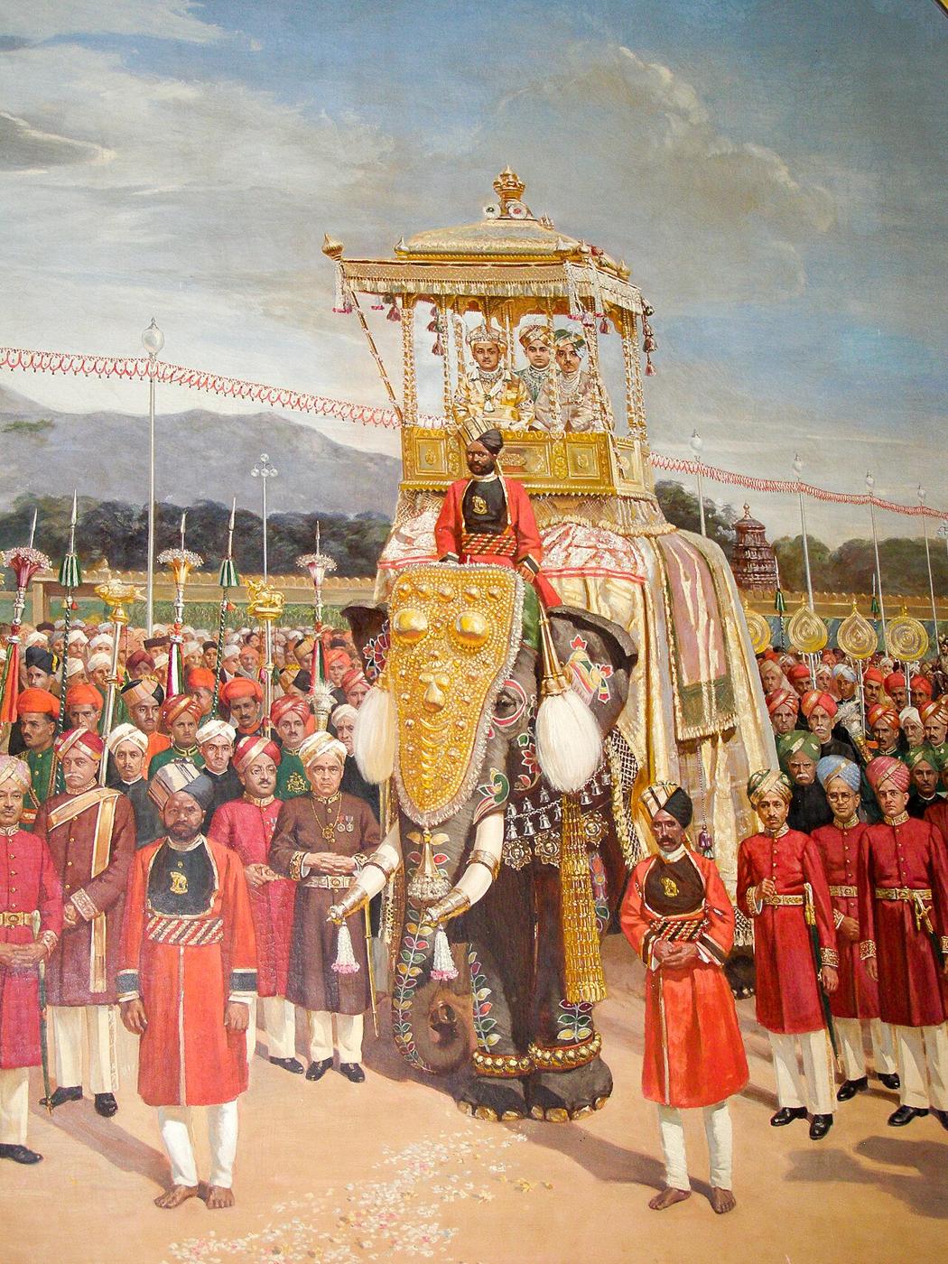 The howdah elephant in the Dasara procession, painted on a wall inside Mysuru Palace.
